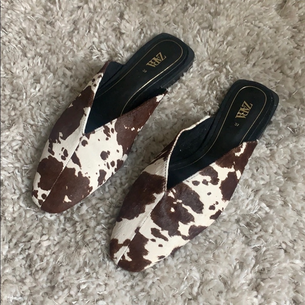 Zara Cow Print Leather Mules